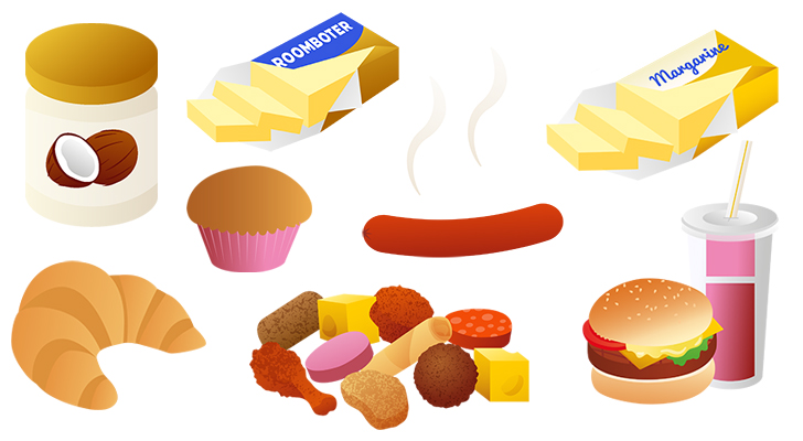 Er staan voorbeelden van producten met veel verzadigd vet: kokosvet, roomboter, margarine, borrelhapjes, muffin, hotdog en hamburger met milkshake